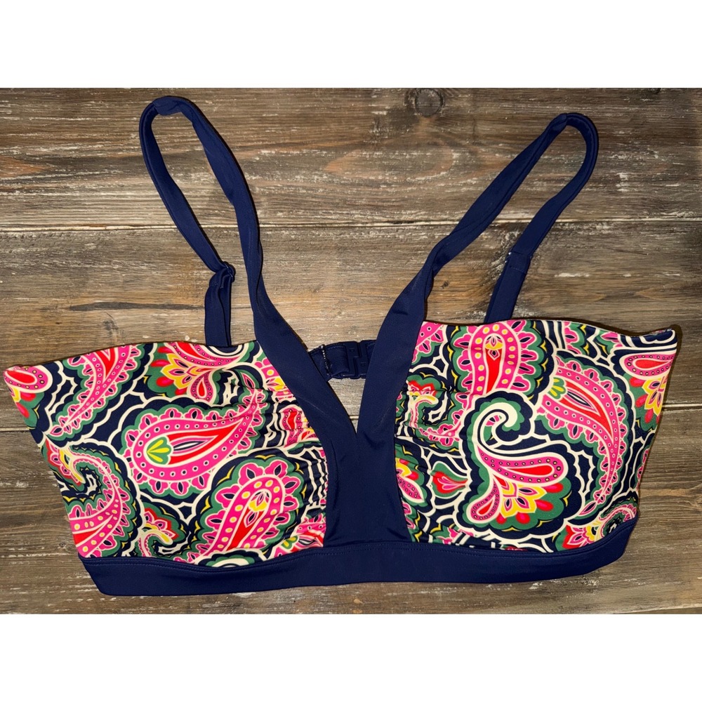Boden Womens Paisley V-Neck Bikini Top Navy Blue Pink Size 14 S0146